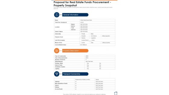 Proposal For Real Estate Funds Procurement Property Snapshot One Pager Sample Example Document