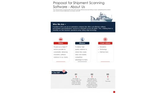 Proposal For Shipment Scanning Software About Us One Pager Sample Example Document