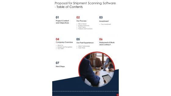 Proposal For Shipment Scanning Software Table Of Contents One Pager Sample Example Document