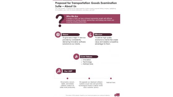 Proposal For Transportation Goods Examination Suite About Us One Pager Sample Example Document