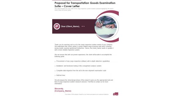 Proposal For Transportation Goods Examination Suite Cover Letter One Pager Sample Example Document