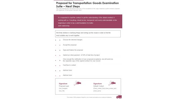 Proposal For Transportation Goods Examination Suite Next Steps One Pager Sample Example Document