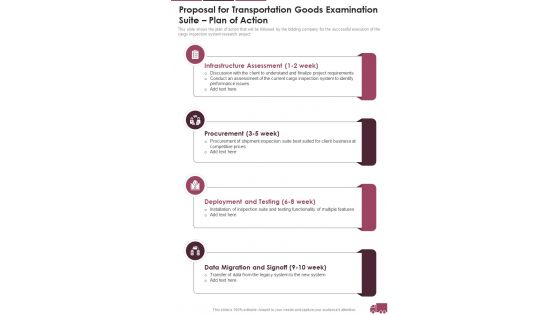 Proposal For Transportation Goods Examination Suite Plan Of Action One Pager Sample Example Document