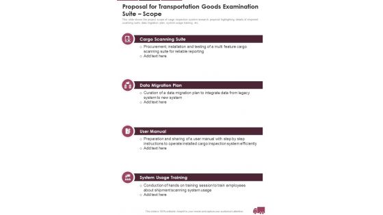 Proposal For Transportation Goods Examination Suite Scope One Pager Sample Example Document