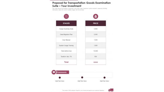 Proposal For Transportation Goods Examination Suite Your Investment One Pager Sample Example Document