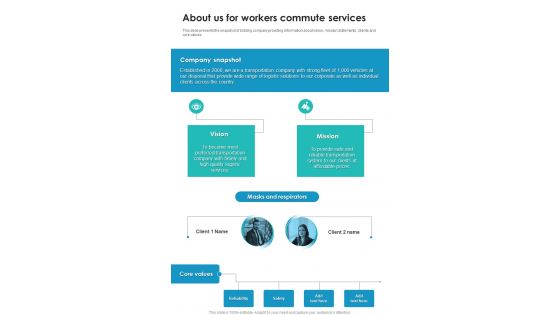 Proposal For Workers Commute About Us For Workers Commute One Pager Sample Example Document