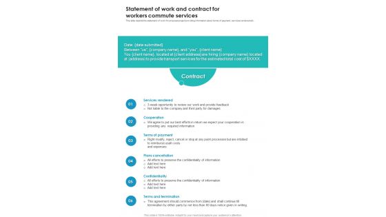 Proposal For Workers Commute Statement Of Work And Contract For Workers One Pager Sample Example Document