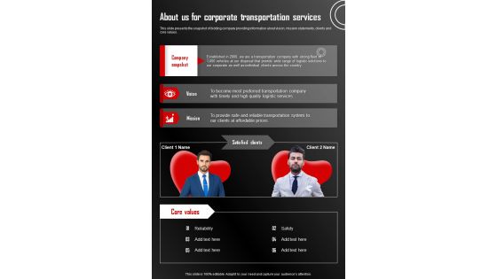 Proposal To Hire Corporate About Us For Corporate Transportation One Pager Sample Example Document