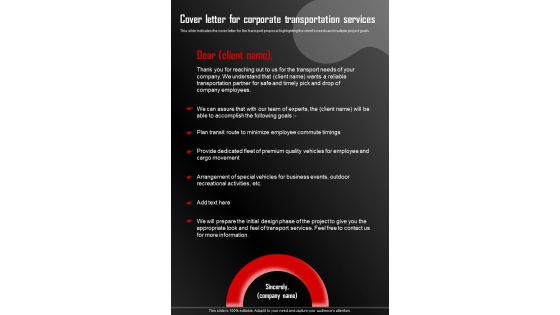 Proposal To Hire Corporate Cover Letter For Corporate Transportation One Pager Sample Example Document