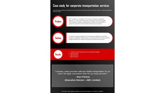 Proposal To Hire Corporate Transportation Case Study For Corporate One Pager Sample Example Document