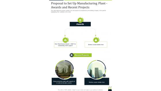 Proposal To Set Up Manufacturing Plant Awards And Recent Projects One Pager Sample Example Document