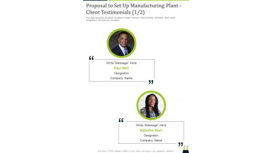 Proposal To Set Up Manufacturing Plant Client Testimonials One Pager Sample Example Document