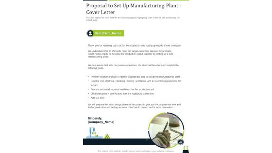 Proposal To Set Up Manufacturing Plant Cover Letter One Pager Sample Example Document