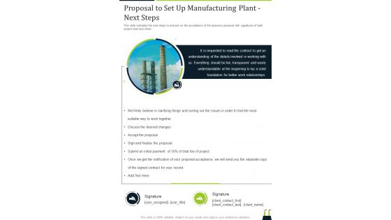 Proposal To Set Up Manufacturing Plant Next Steps One Pager Sample Example Document