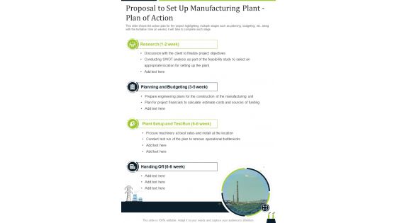 Proposal To Set Up Manufacturing Plant Plan Of Action One Pager Sample Example Document