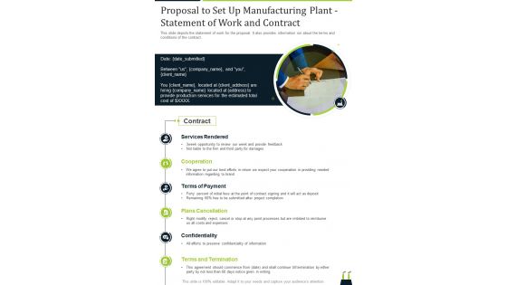 Proposal To Set Up Manufacturing Plant Statement Of Work And Contract One Pager Sample Example Document