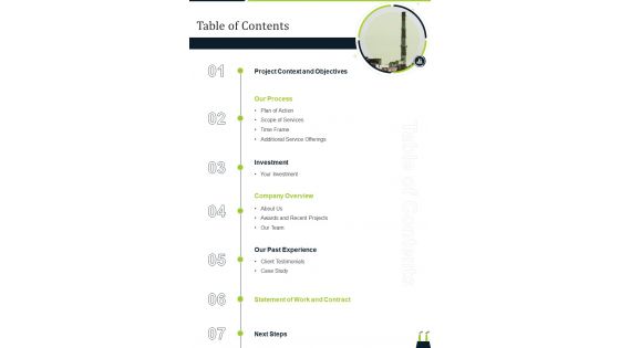 Proposal To Set Up Manufacturing Plant Table Of Contents One Pager Sample Example Document