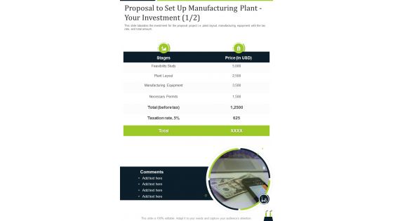 Proposal To Set Up Manufacturing Plant Your Investment One Pager Sample Example Document