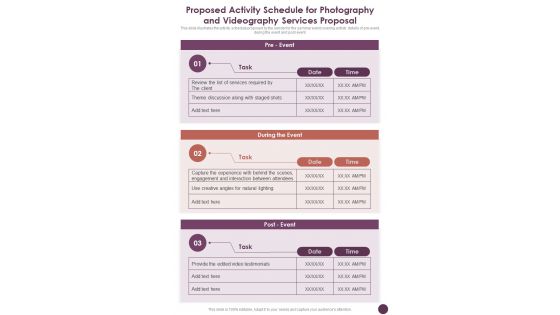 Proposed Activity Schedule For Photography And Videography Services One Pager Sample Example Document