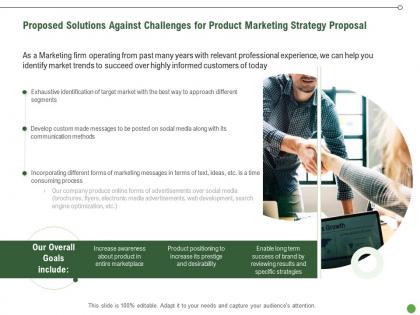 Proposed solutions against challenges for product marketing strategy proposal ppt show graphics