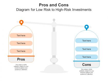 Pros and cons diagram for low risk to high risk investments infographic template