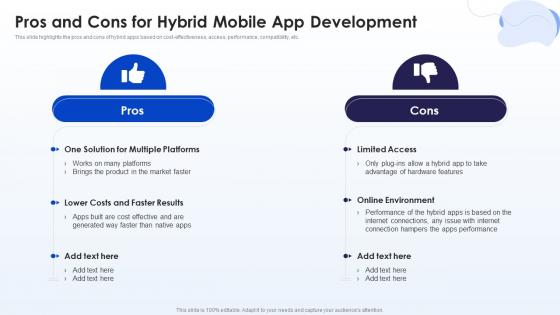Pros And Cons For Hybrid Mobile App Development Mobile Development Ppt Elements