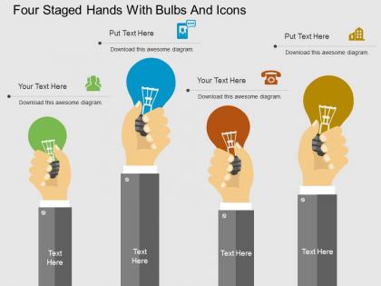 Ps four staged hands with bulbs and icons flat powerpoint design