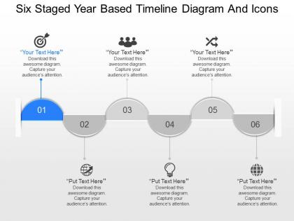 Pt six staged year based timeline diagram and icons powerpoint template