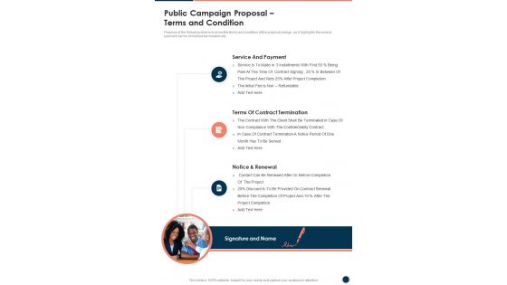 Public Campaign Proposal Terms And Condition One Pager Sample Example Document