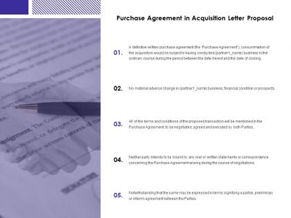 Purchase agreement in acquisition letter proposal agenda ppt slides