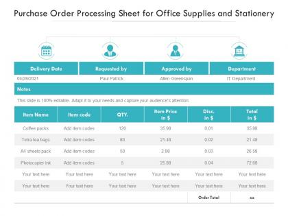 Purchase order processing sheet for office supplies and stationery