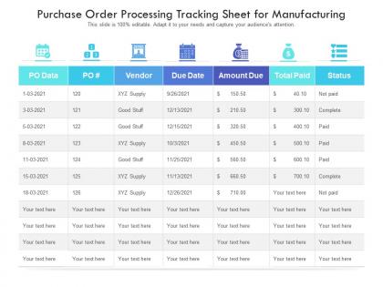Purchase order processing tracking sheet for manufacturing