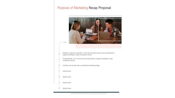 Purpose Of Marketing Recap Proposal One Pager Sample Example Document