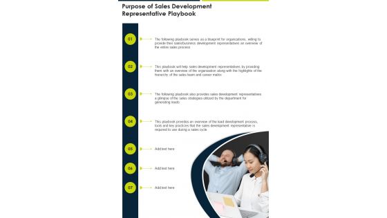 Purpose Of Sales Development Representative Playbook One Pager Sample Example Document
