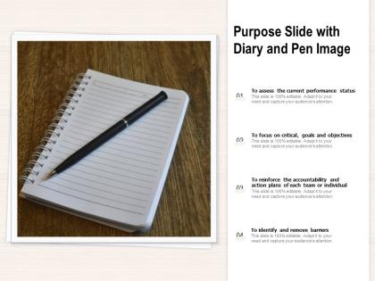 Purpose slide with diary and pen image