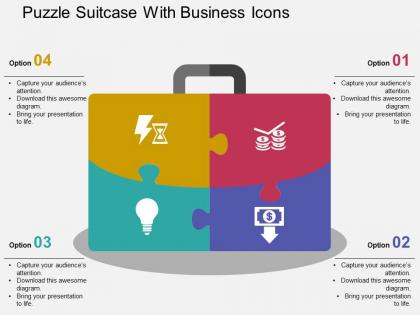 Puzzle suitcase with business icons flat powerpoint design