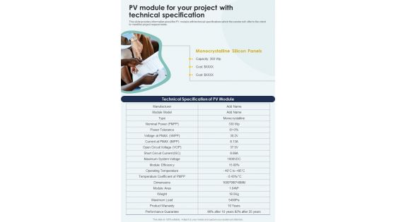 PV Module For Your Project Solar Power System Sales One Pager Sample Example Document
