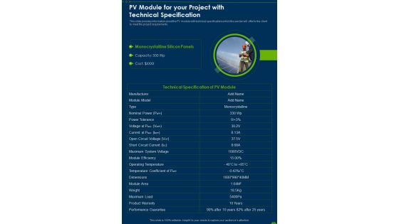 PV Module For Your Project With Technical Specification One Pager Sample Example Document