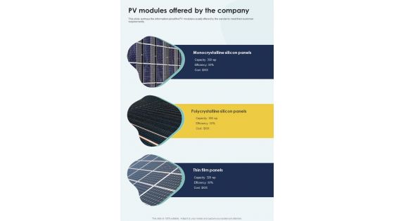 PV Modules Offered By The Company Solar Power System One Pager Sample Example Document