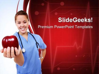 Female doctor holds apple health powerpoint templates and powerpoint backgrounds 0811
