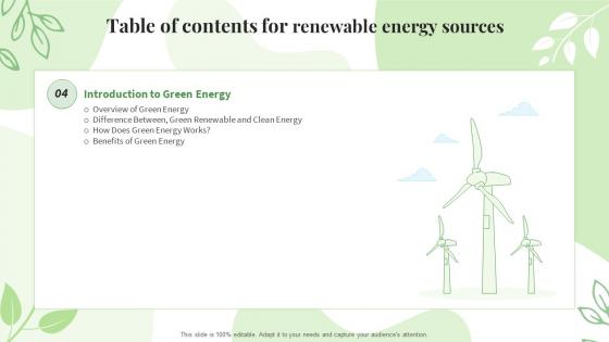 Q266 Table Of Contents For Renewable Energy Sources Ppt Powerpoint Presentation Visuals