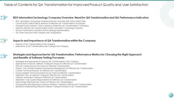 Qa transformation improved product quality user satisfaction table of contents