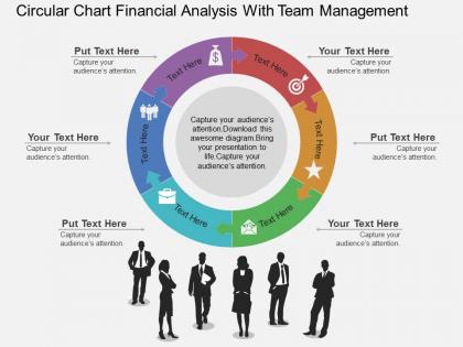 Qe circular chart financial analysis with team management flat powerpoint design