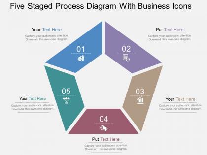 Qt five staged process diagram with business icons flat powerpoint design