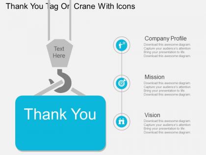 Qt thank you tag on crane with icons flat powerpoint design