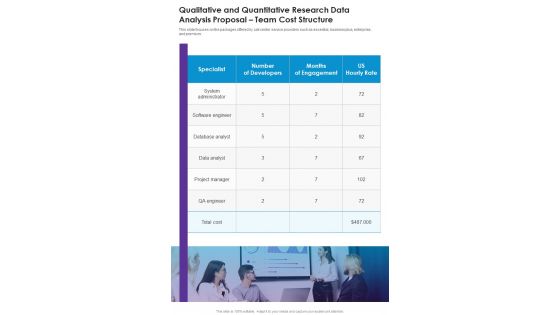 Qualitative And Quantitative Research Data Analysis Team Cost Structure One Pager Sample Example Document