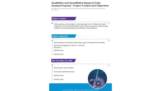 Qualitative And Quantitative Research Data Project Context And Objectives One Pager Sample Example Document