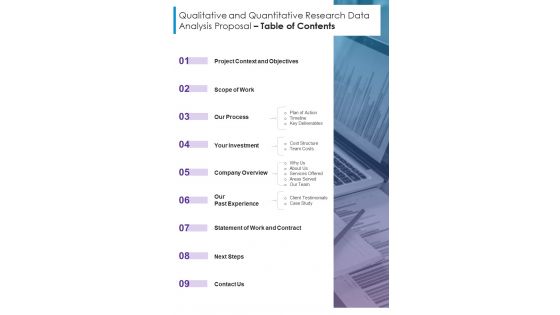 Qualitative And Quantitative Research Data Table Of Contents One Pager Sample Example Document
