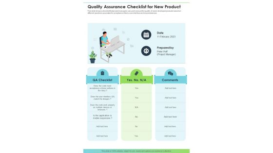 Quality Assurance Checklist For New Product One Pager Sample Example Document