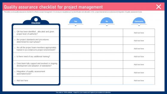 Quality Assurance Checklist For Project Management Quality Improvement Tactics Strategy SS V